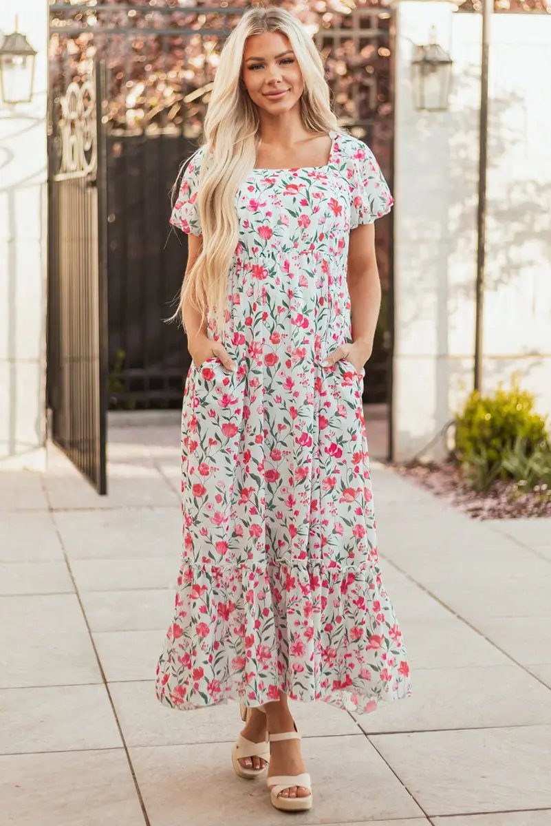 Pink Floral Puff Sleeve Square Neck Empire Waist Maxi Dress - Love Salve